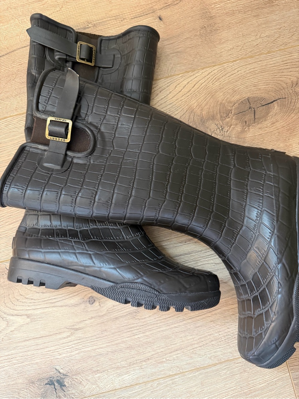 Sperry Dark Brown Croc-Embossed Women's Rain Boots